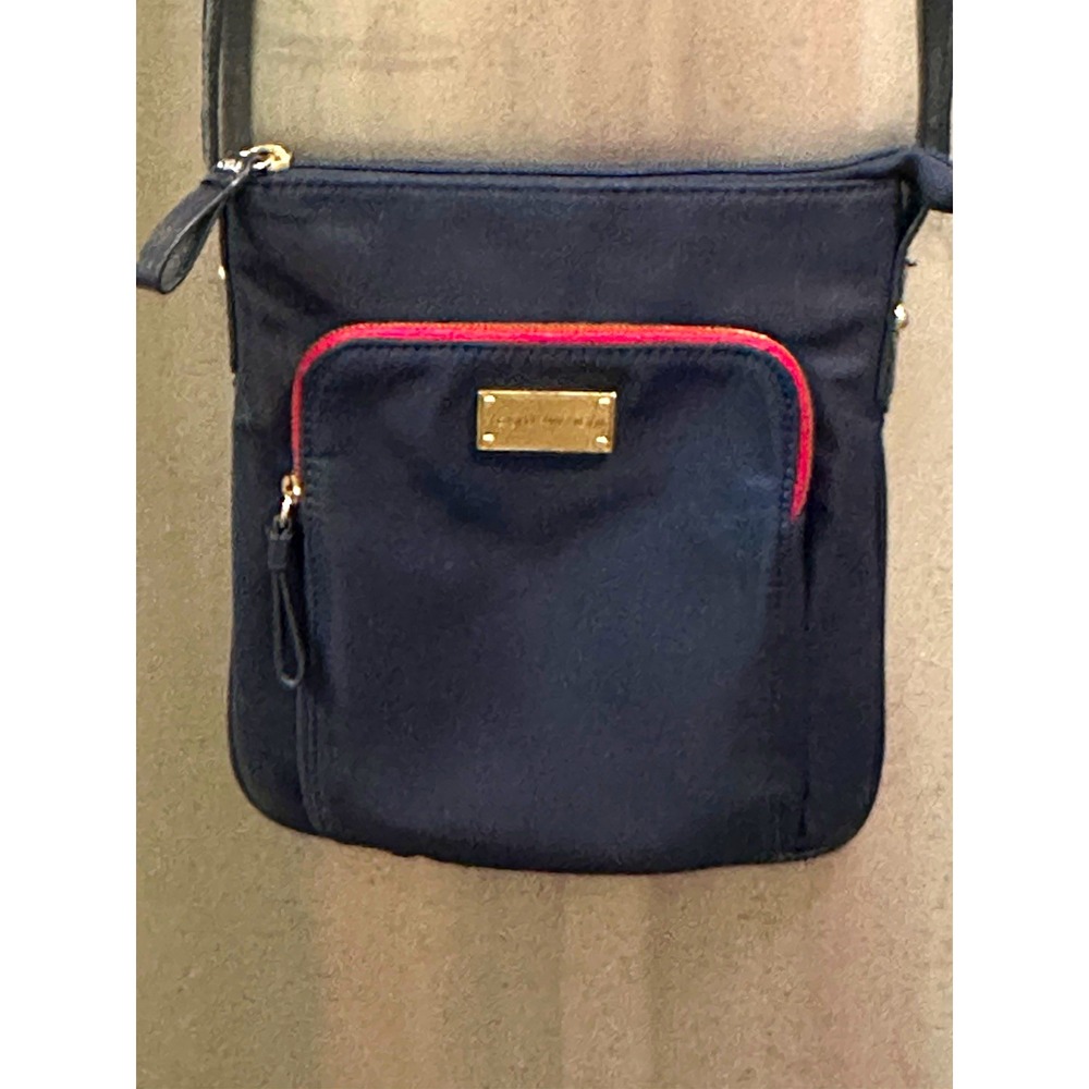 Tommy Hilfiger Navy Blue Nylon Crossbody Bag Red Zip Front Pocket Gold Plaque